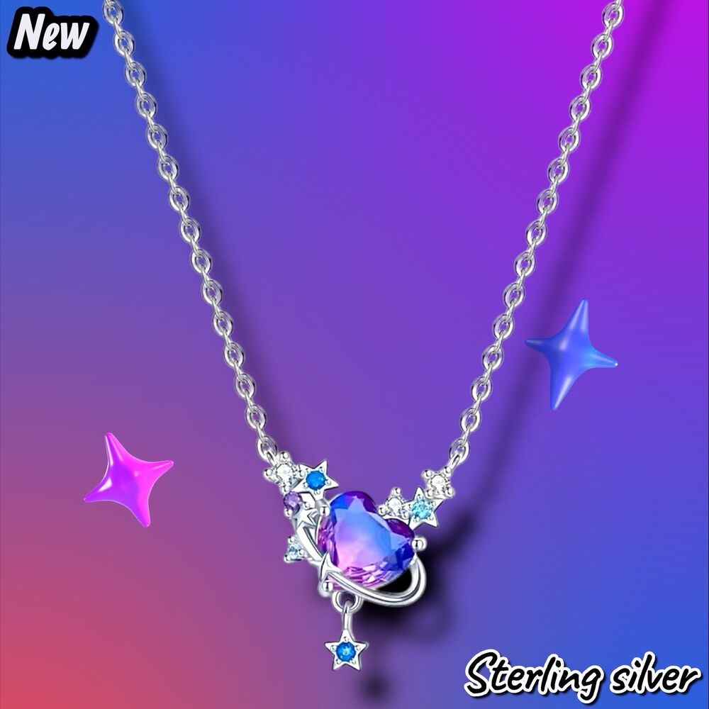 New Exclusively Fancy .925 Sterling Silver Purple Heart Planet Necklace